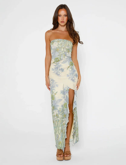 Robe longue femme – Sans bretelles – Imprimé floral – Fente haute – Tissu fluide