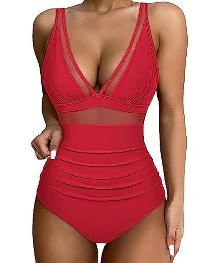 Maillot de bain 1 pièce femme – Décolleté plongeant – Maille sculptante – Empiècements en tulle