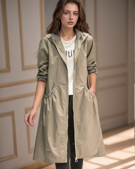 Veste imperméable femme – Coupe ample – Longueur genou – Capuche – Manches longues – Poches fonctionnelles – Fermeture zippée