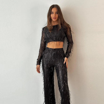 Ensemble Femme Top Court et Pantalon – Manches Longues – Taille Haute Évasé – Orné