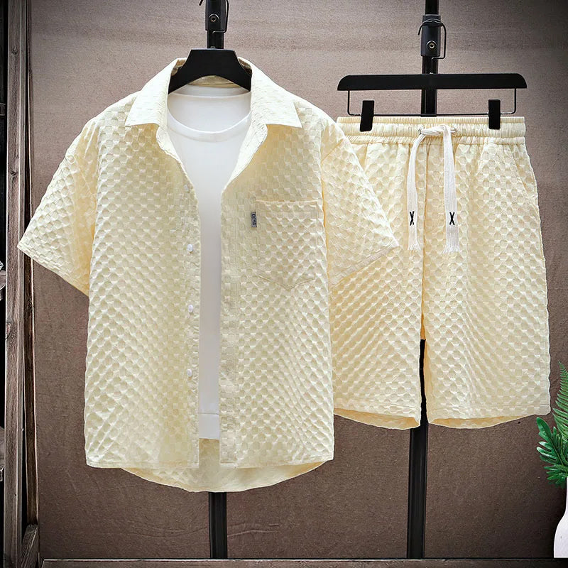 Ensemble streetwear homme – Coupe décontractée – Tissu texturé – Chemise boutonnée et short à cordon