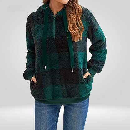 Sweat à capuche femme – Maille douce – Coupe décontractée – Motif carreaux – Demi-zip