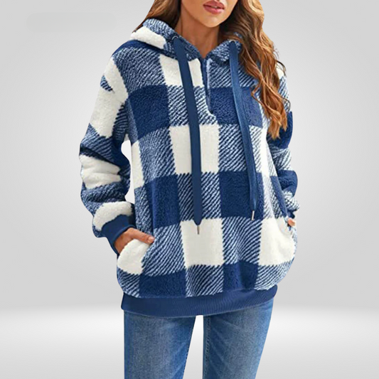 Sweat à capuche femme – Maille douce – Coupe décontractée – Motif carreaux – Demi-zip