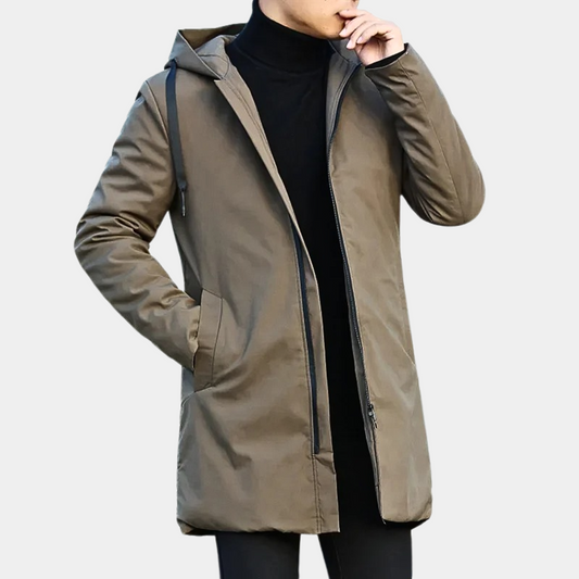 Manteau long homme – Coupe ample – Capuche – Fermeture zippée – Résistant au vent