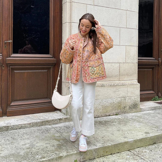 Veste femme oversize – Style boho – Tweed matelassé – Poches plaquées – Ouverture libre