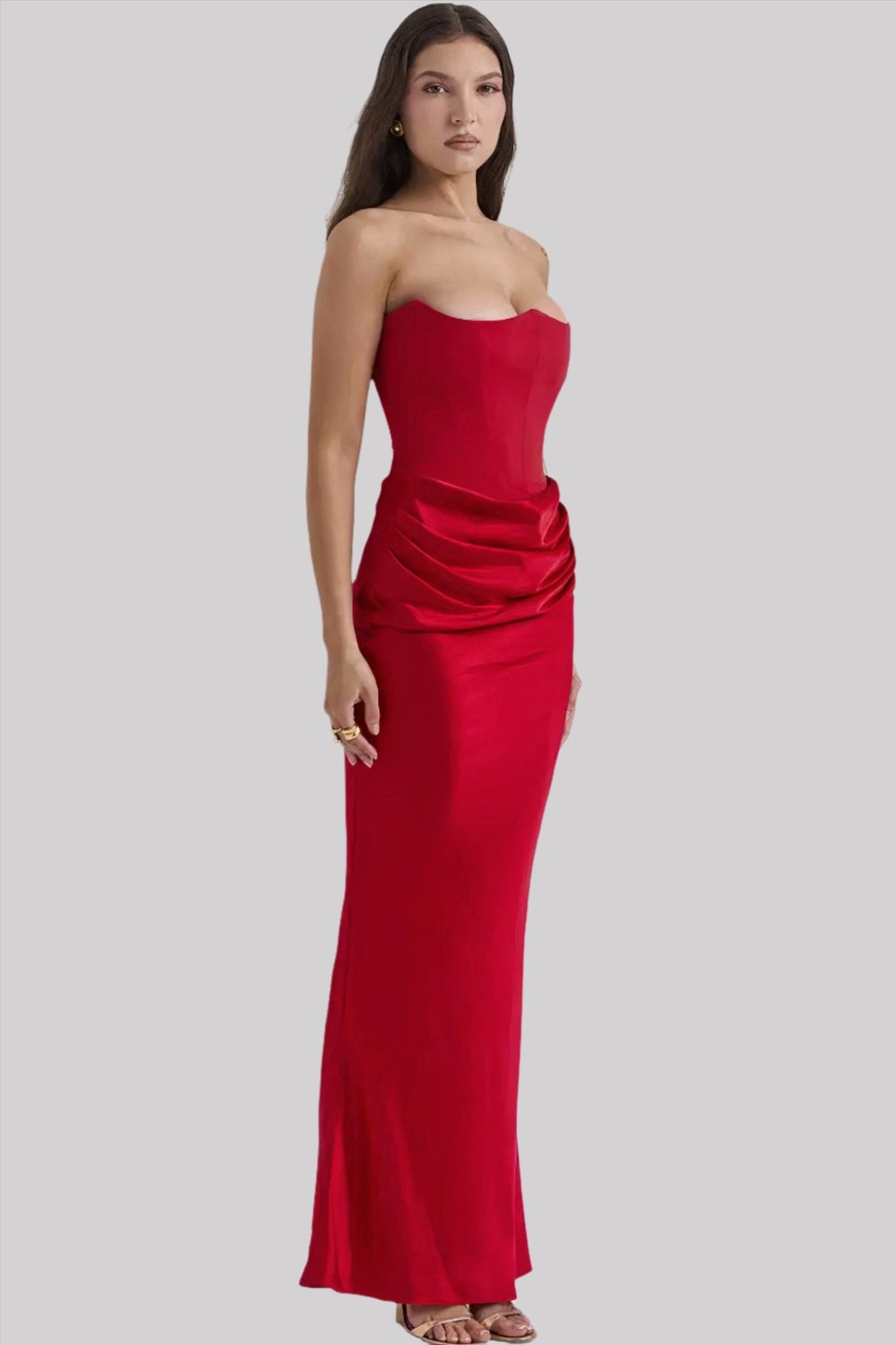 Robe Longue Femme – Sans Bretelles – Tissu Satiné – Coupe Drapée Élégante
