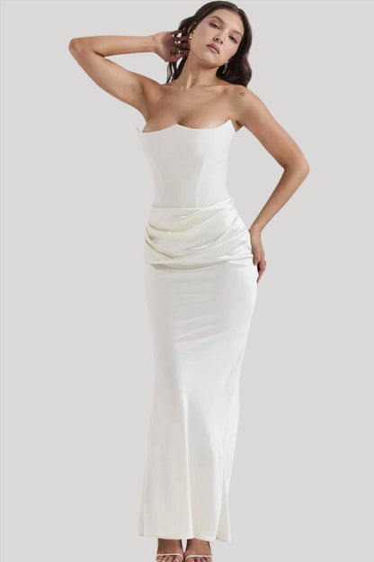 Robe Longue Femme – Sans Bretelles – Tissu Satiné – Coupe Drapée Élégante