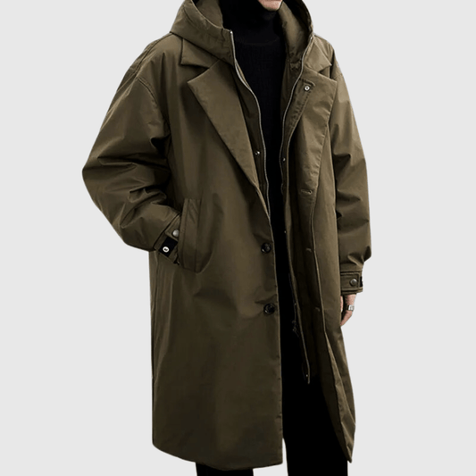 Manteau homme – Coupe oversize – Imperméable – Capuche – Longueur genou – Poignets ajustables