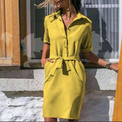 Robe Chemise Femme – Coupe Droite – Tissu Respirant – Ceinture Ajustable – Manches Mi-longues