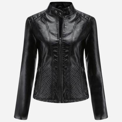 Veste en cuir femme – Coupe slim – Col montant – Panneaux matelassés – Zips poches