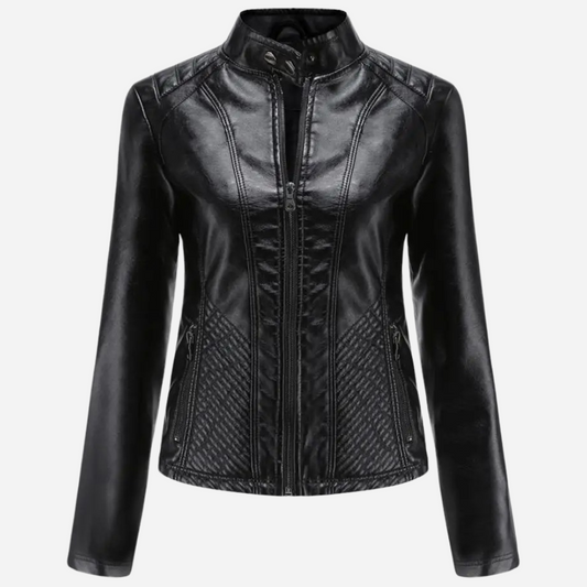 Veste en cuir femme – Coupe slim – Col montant – Panneaux matelassés – Zips poches
