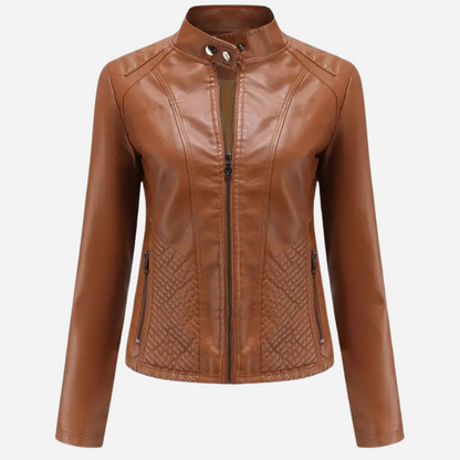 Veste en cuir femme – Coupe slim – Col montant – Panneaux matelassés – Zips poches