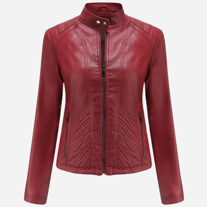 Veste en cuir femme – Coupe slim – Col montant – Panneaux matelassés – Zips poches