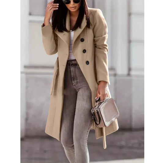 Manteau trench femme – Laine mélangée – Coupe cintrée – Long double boutonnage