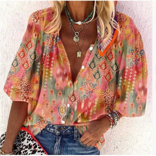 Blouse femme manches courtes – Coupe décontractée – Tissu respirant – Col V boutonné