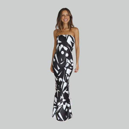 Robe Longue Femme - Sans Bretelles - Ajustée et Fluide - Motif Géométrique Élégant