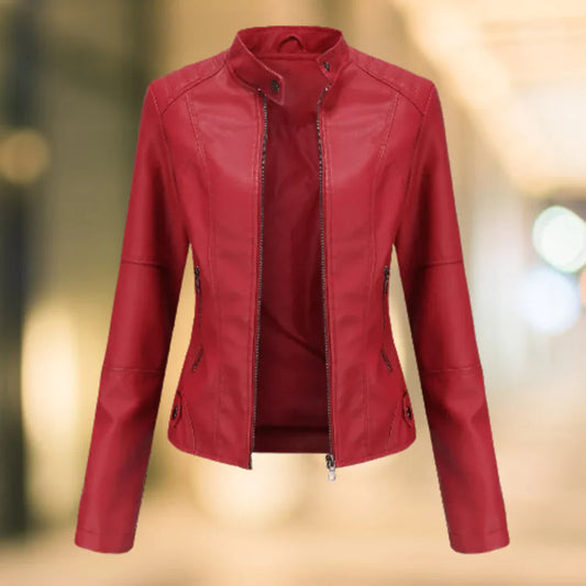 Veste en cuir femme – Coupe slim – Col montant – Fermeture zippée – Longueur taille