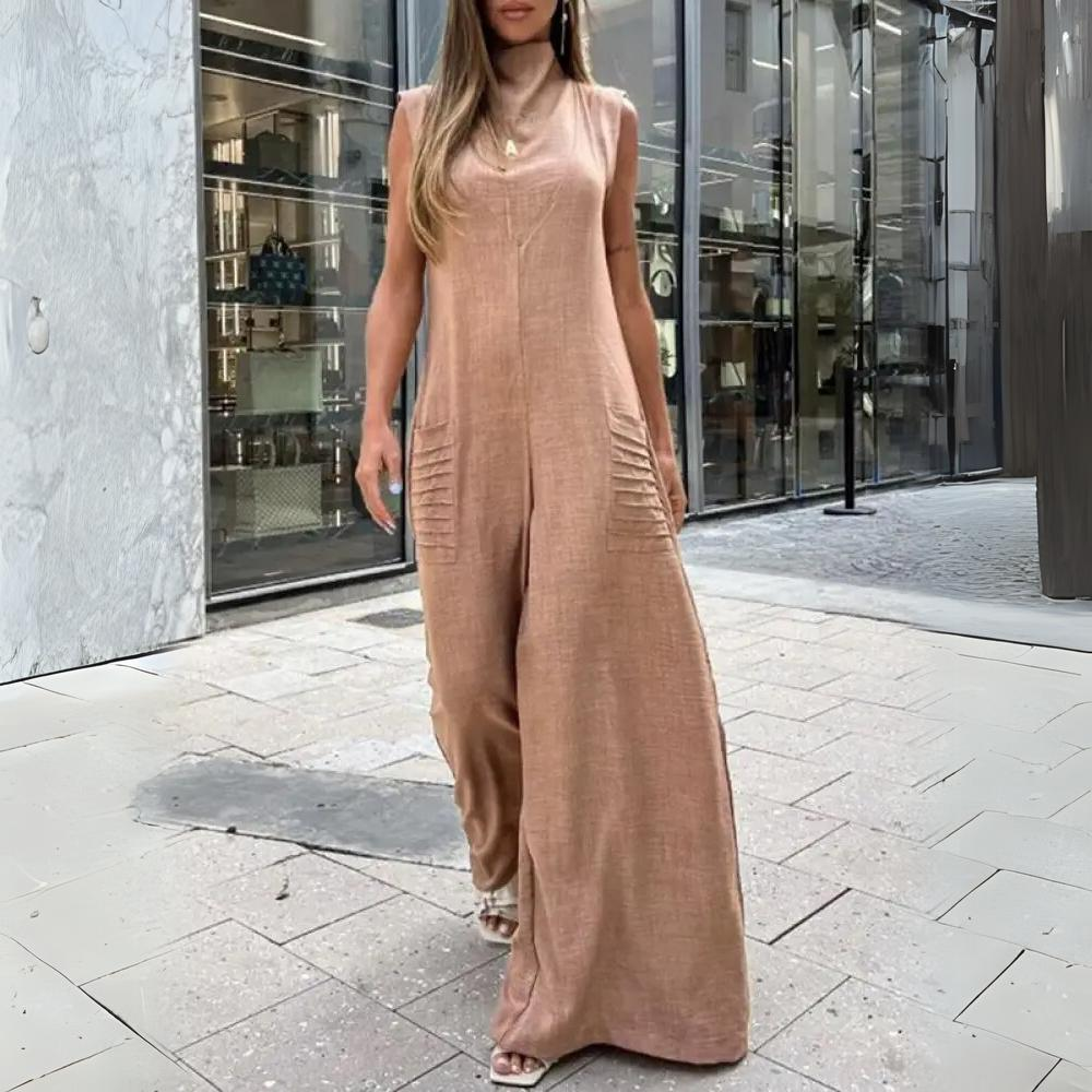 Combinaison Pantalon Femme – Sans Manches – Jambes Larges – Col Montant – Coupe Longue