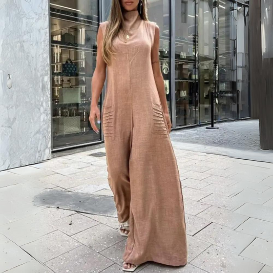 Combinaison Pantalon Femme – Sans Manches – Jambes Larges – Col Montant – Coupe Longue