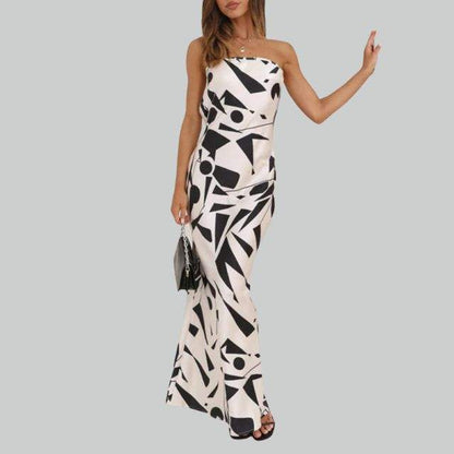 Robe Longue Femme - Sans Bretelles - Ajustée et Fluide - Motif Géométrique Élégant