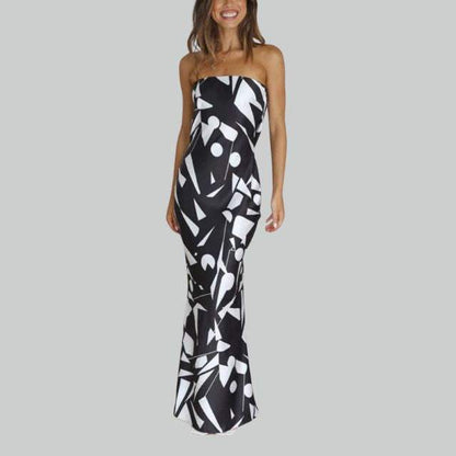 Robe Longue Femme - Sans Bretelles - Ajustée et Fluide - Motif Géométrique Élégant