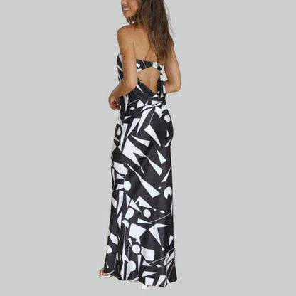 Robe Longue Femme - Sans Bretelles - Ajustée et Fluide - Motif Géométrique Élégant