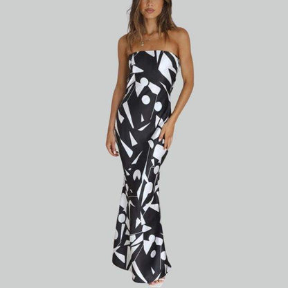 Robe Longue Femme - Sans Bretelles - Ajustée et Fluide - Motif Géométrique Élégant