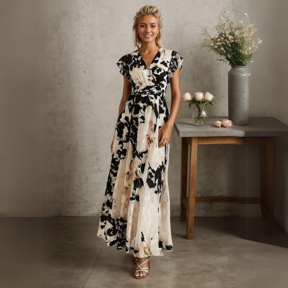 Robe Longue Femme - Coupe Portefeuille - Manches Volantes - Tissu Fluide Élégant