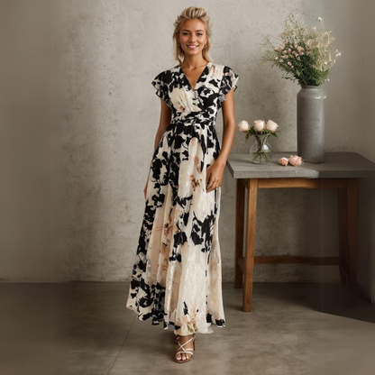 Robe Longue Femme - Coupe Portefeuille - Manches Volantes - Tissu Fluide Élégant