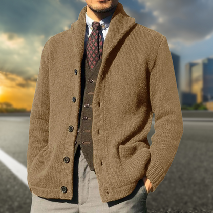 Homme Cardigan - Laine Mélangée - Col Châle - Manches Longues - Poches Latérales