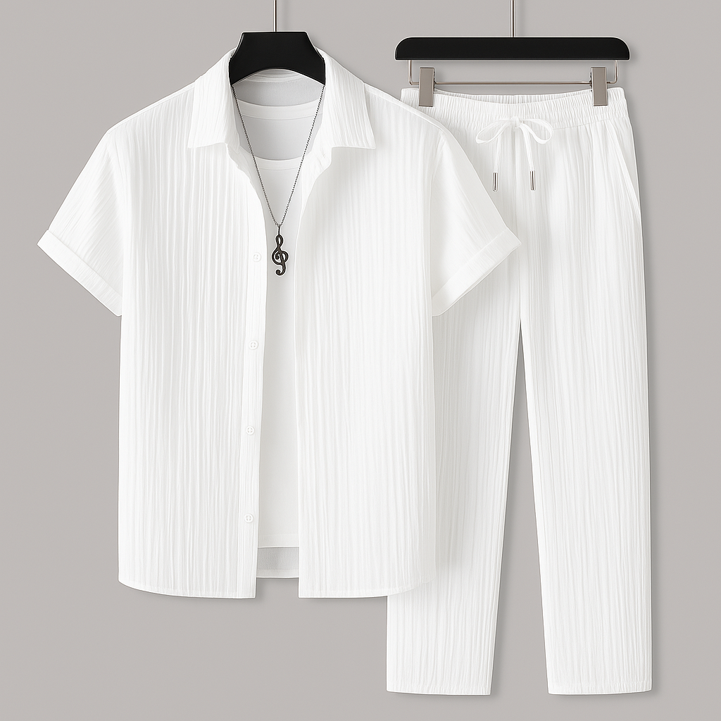 Ensemble Deux Pièces Homme – Coupe Ample – Tissu Côtelé – Chemise Boutonnée et Pantalon à Cordon