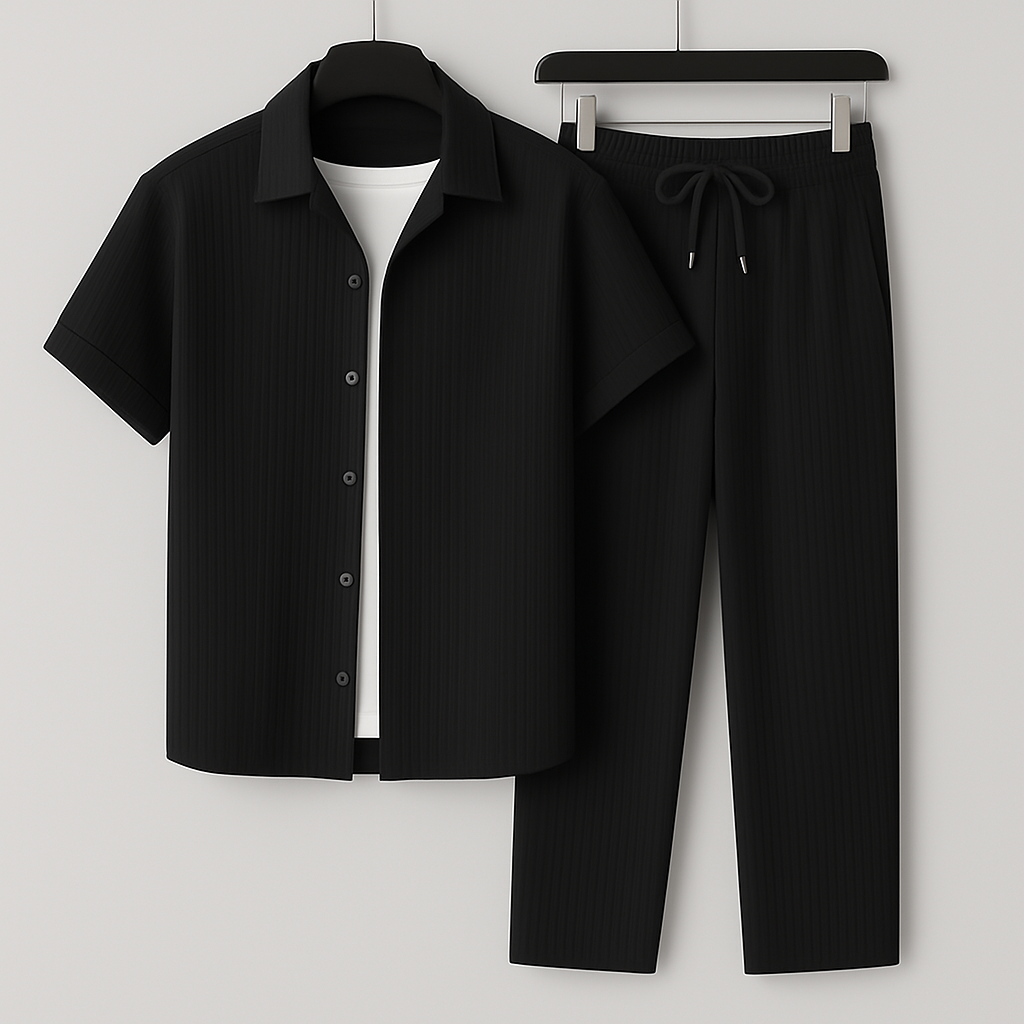 Ensemble Deux Pièces Homme – Coupe Ample – Tissu Côtelé – Chemise Boutonnée et Pantalon à Cordon