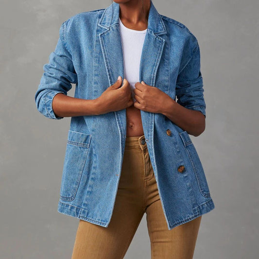 Veste en jean femme – Coupe décontractée – Col blazer – Fermeture boutonnée