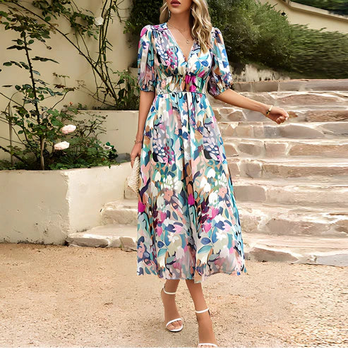 Robe Midi Femme - Motif Fleuri - Manches Courtes Bouffantes - Col V Élégant