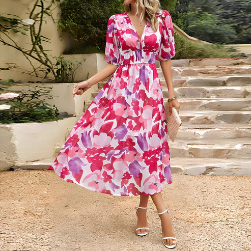 Robe Midi Femme - Motif Fleuri - Manches Courtes Bouffantes - Col V Élégant