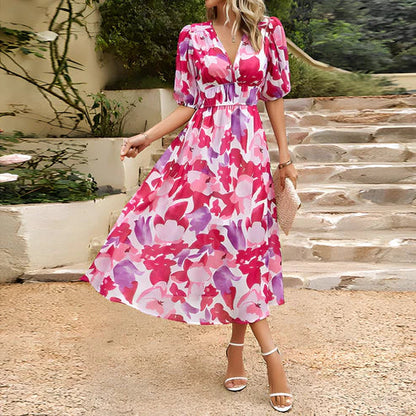 Robe Midi Femme - Motif Fleuri - Manches Courtes Bouffantes - Col V Élégant