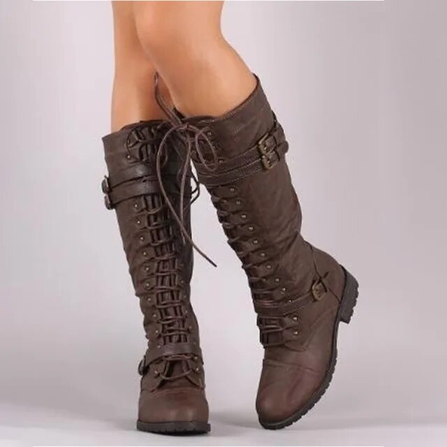 Bottes hautes femme – Lacets et boucles – Style cuir structuré – Semelle crantée