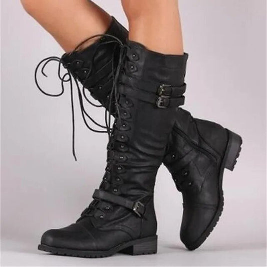 Bottes hautes femme – Lacets et boucles – Style cuir structuré – Semelle crantée