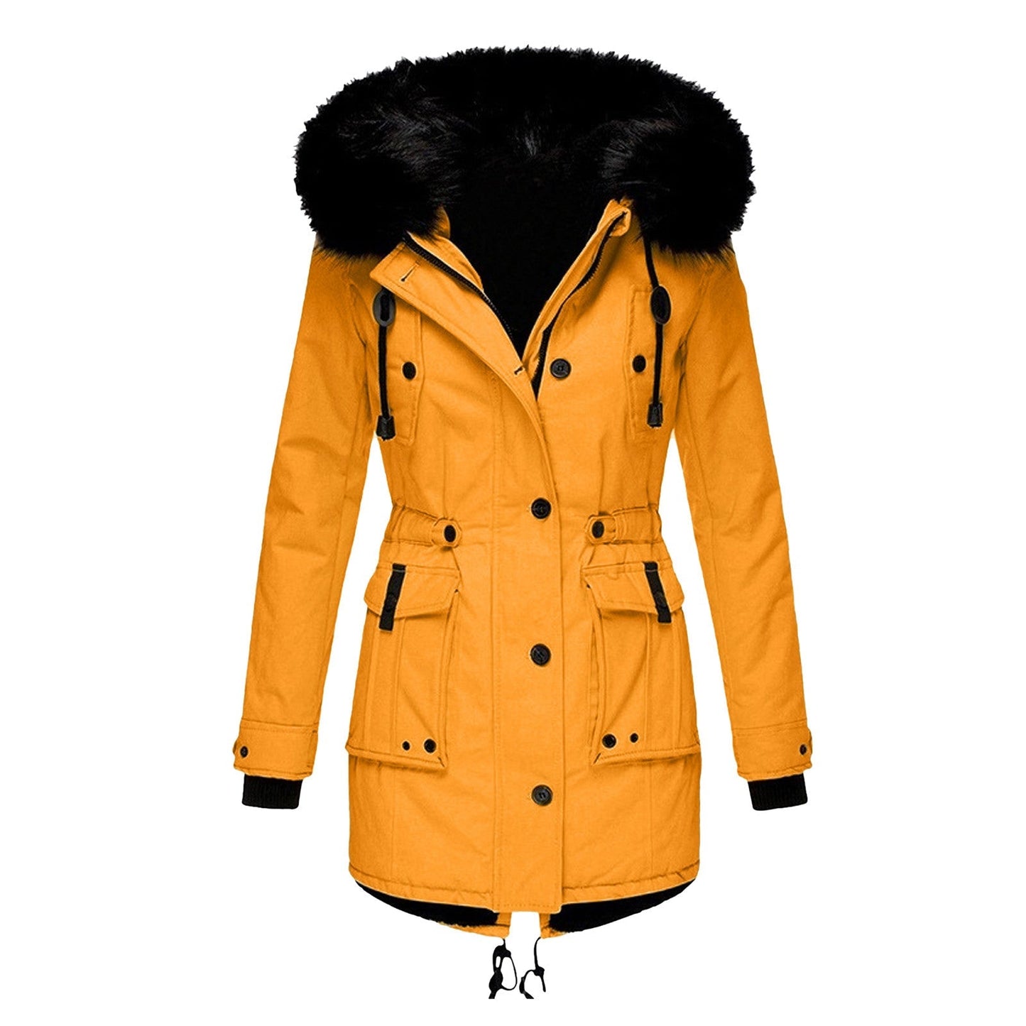 Manteau femme – Coupe cintrée – Capuche amovible en fausse fourrure – Longueur mi-cuisse