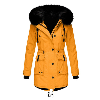 Manteau femme – Coupe cintrée – Capuche amovible en fausse fourrure – Longueur mi-cuisse