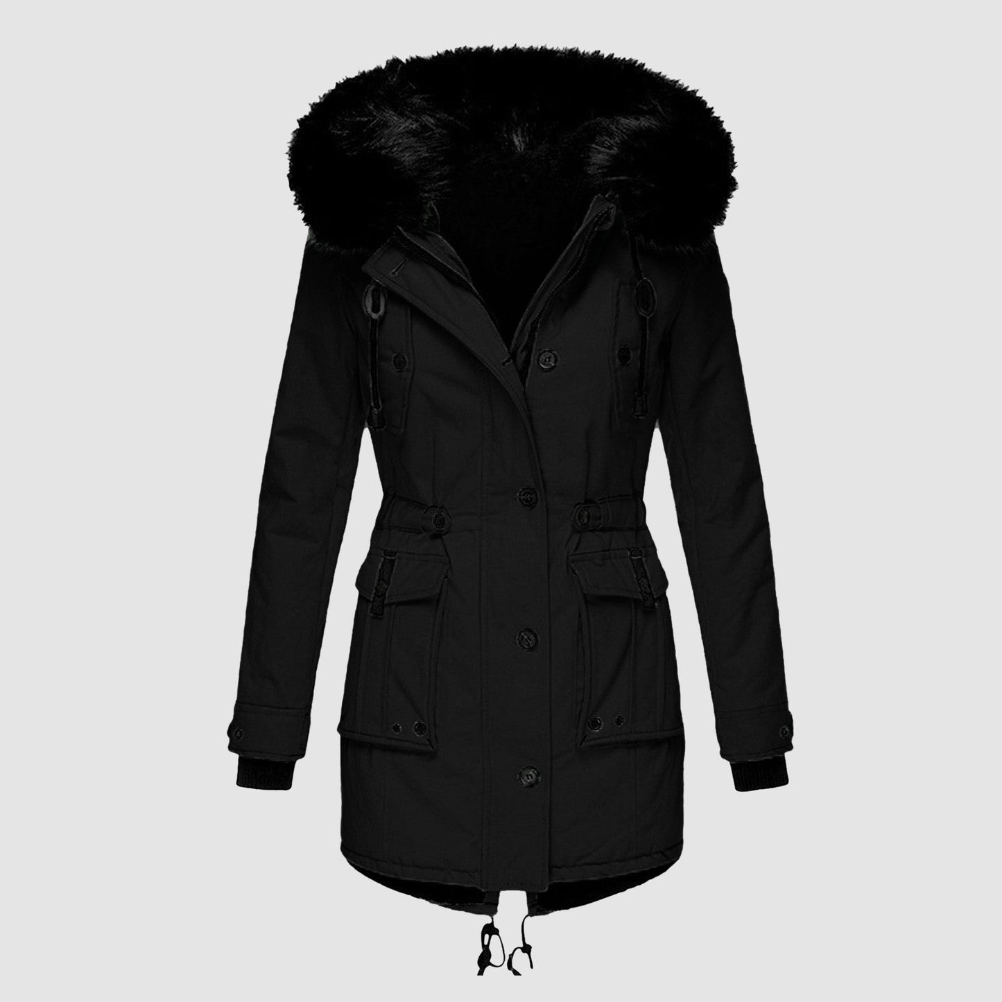 Manteau femme – Coupe cintrée – Capuche amovible en fausse fourrure – Longueur mi-cuisse