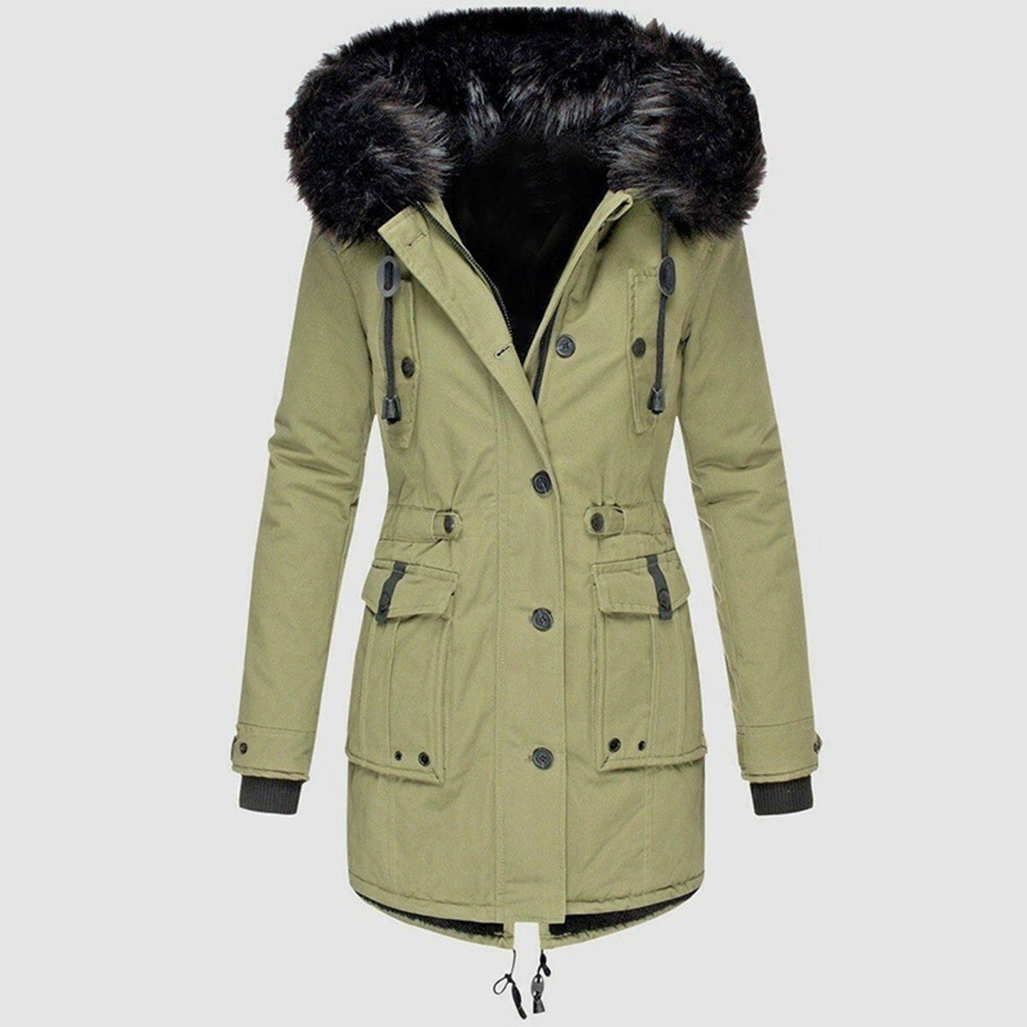 Manteau femme – Coupe cintrée – Capuche amovible en fausse fourrure – Longueur mi-cuisse