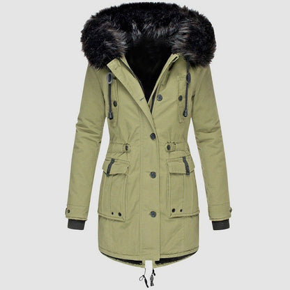Manteau femme – Coupe cintrée – Capuche amovible en fausse fourrure – Longueur mi-cuisse