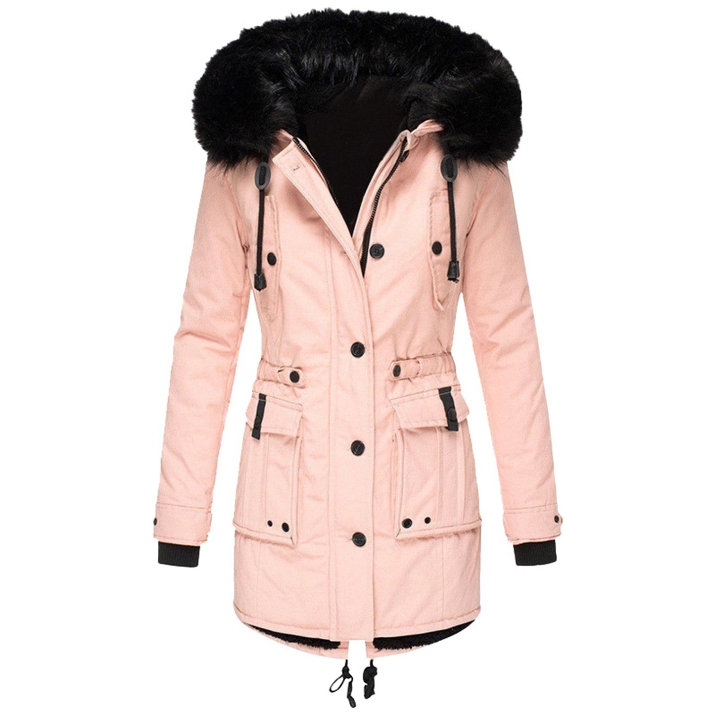 Manteau femme – Coupe cintrée – Capuche amovible en fausse fourrure – Longueur mi-cuisse