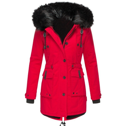 Manteau femme – Coupe cintrée – Capuche amovible en fausse fourrure – Longueur mi-cuisse