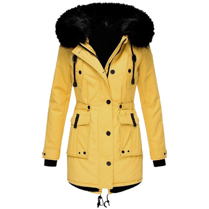 Manteau femme – Coupe cintrée – Capuche amovible en fausse fourrure – Longueur mi-cuisse