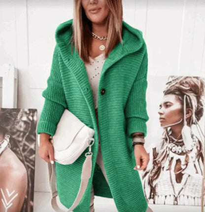 Cardigan à capuche femme – Maille laine – Coupe décontractée – Longue – Boutonné