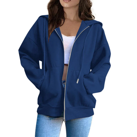 Veste à capuche femme – Coupe oversize – Coton doux – Manches longues – Zip frontal