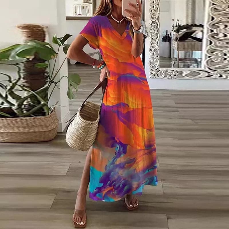 Elodie - Robe longue colorée avec décolleté en V