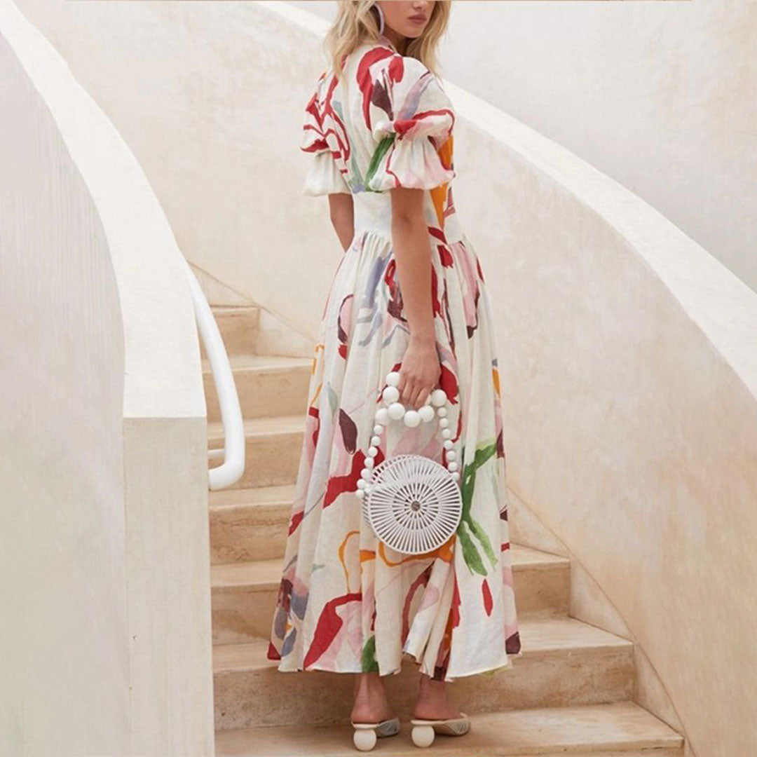 Robe Longue Femme - Imprimé Fleuri - Manches Bouffantes Courtes - Col V - Taille Cintrée